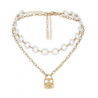 Zinc Alloy Necklace, with Plastic Pearl, with 1.96 inch extender chain, Lock, gold color plated, for woman & multi-strand, 40cm,30cm 