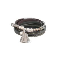 PU Leather Cord Bracelets, Zinc Alloy, with ABS Plastic Pearl & PU Leather, Round, silver color plated, fashion jewelry & multilayer & for woman & with rhinestone 