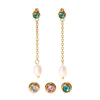 Cubic Zircon (CZ) Drop Earring, 304 Stainless Steel, with Cubic Zirconia & Plastic Pearl, Vacuum Ion Plating, for woman 52mm 