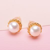 Freshwater Pearl Brass Earring, with Brass, Round, gold color plated, for woman, white, 7-8mm 
