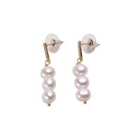 Freshwater Pearl Brass Earring, with Brass, Round, gold color plated, for woman & with rhinestone, white, 7-8mm 
