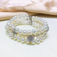 Cultured Freshwater Pearl Brass Bracelet, with Brass, Round, silver color plated, multilayer & for woman & with rhinestone, white, 6-7mm .1 Inch 