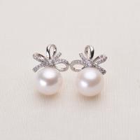 Freshwater Pearl Brass Earring, with Brass, Round, silver color plated, for woman & with rhinestone, white, 10-11mm 