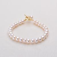 Cultured Freshwater Pearl Brass Bracelet, with Brass, Round, gold color plated, for woman, white, 8-9mm .1 Inch 