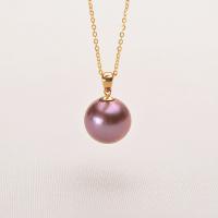 Cultured Freshwater Pearl Brass Pendant, with Brass, Round, gold color plated, for woman, purple, 11-12mm 