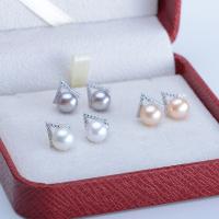 Freshwater Pearl Brass Earring, with Brass, Round, silver color plated, for woman & with rhinestone 8-8.5mm 