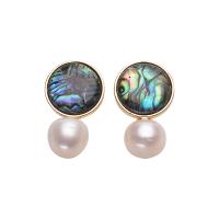 Freshwater Pearl Drop Earring, with Abalone Shell & Brass, Round, gold color plated, for woman, white, 10-11mm 