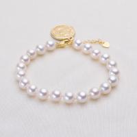 Cultured Freshwater Pearl Brass Bracelet, with Brass, Round, gold color plated, for woman, white, 6-7mm .1 Inch 