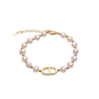 bracelet en laiton de perle d'eau douce cultivée, avec laiton, Rond, Placage de couleur d'or, pour femme, blanc, 6-7mm .1 pouce, Vendu par PC