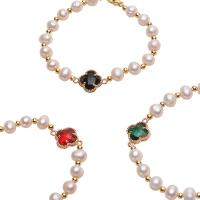 Cultured Freshwater Pearl Brass Bracelet, with Crystal & Brass, Four Leaf Clover, gold color plated, for woman 6-7mm .1 Inch 
