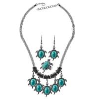 Turquoise Jewelry Sets, Zinc Alloy, finger ring & earring & necklace, with turquoise, with 2.56inch extender chain, Turtle, plated, three pieces & for woman, 43*30mm,38*30mm Approx 17.72 Inch 