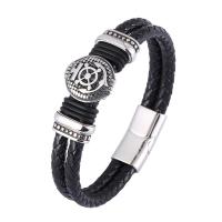 Leather Bracelet, with 316 Stainless Steel, Ship Wheel, polished, Double Layer & fashion jewelry & for man & blacken 12mm 