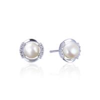 Sterling Silver Natural Pearl Stud Earring, 925 Sterling Silver, with Freshwater Pearl, platinum plated, micro pave cubic zirconia & for woman, original color 