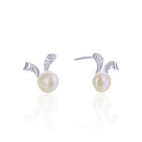 Sterling Silver Natural Pearl Stud Earring, 925 Sterling Silver, with Freshwater Pearl, platinum plated, micro pave cubic zirconia & for woman, original color 