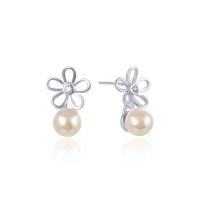 Sterling Silver Natural Pearl Stud Earring, 925 Sterling Silver, with Freshwater Pearl, Flower, platinum plated, for woman & hollow, original color 