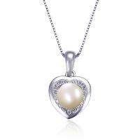 Sterling Silver Pearl Necklace, 925 Sterling Silver, with Freshwater Pearl, Heart, platinum plated, micro pave cubic zirconia & for woman, original color Approx 17.7 Inch 