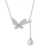 Cubic Zircon Micro Pave Sterling Silver Necklace, 925 Sterling Silver, with Shell Pearl, Butterfly, platinum plated, micro pave cubic zirconia & for woman, original color Approx 17.7 Inch 