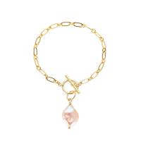 Cultured Freshwater Pearl Brass Bracelet, with Freshwater Pearl, 18K gold plated, for woman Approx 6.69 Inch 