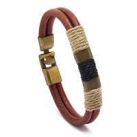 Cowhide Bracelets, Zinc Alloy, with Linen & Cowhide, Double Layer & fashion jewelry & Unisex, brown, 10mm Approx 8.27 Inch 