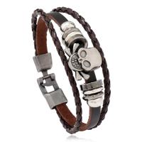 Cowhide Bracelets, with PU Leather & Copper Coated Plastic & Zinc Alloy, Skull, fashion jewelry & multilayer & punk style & Unisex, dark brown, 10mm Approx 8.07 Inch 