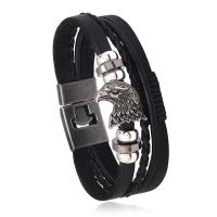 Cowhide Bracelets, with PU Leather & Wax Cord & Copper Coated Plastic & Zinc Alloy, Eagle, fashion jewelry & multilayer & punk style & Unisex, black, 20mm Approx 8.46 Inch 