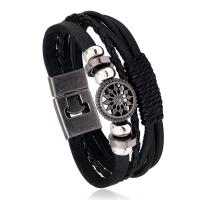 Cowhide Bracelets, with PU Leather & Wax Cord & Copper Coated Plastic & Zinc Alloy, fashion jewelry & multilayer & Unisex, black, 20mm Approx 8.46 Inch 