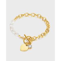 Stainless Steel Charm Bracelet, 304 Stainless Steel, with Freshwater Pearl, Heart, Vacuum Ion Plating, fashion jewelry & micro pave cubic zirconia & for woman Approx 8.46 Inch 