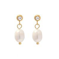 Freshwater Pearl Drop Earring, 304 Stainless Steel, with Freshwater Pearl, Vacuum Ion Plating, fashion jewelry & for woman & with rhinestone, golden 