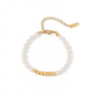 Perlen Armbänder, 304 Edelstahl, mit Perlen, mit Verlängerungskettchen von 5cm, Vakuum-Ionen-Beschichtung, Modeschmuck & für Frau, goldfarben, Länge:ca. 15.5 cm, verkauft von PC