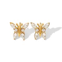 Stainless Steel Cubic Zirconia Stud Earring, 304 Stainless Steel, with Cubic Zirconia, Butterfly, Vacuum Ion Plating, fashion jewelry & for woman, golden 