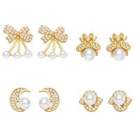 Cubic Zirconia Micro Pave Brass Earring, with Plastic Pearl, 18K gold plated & micro pave cubic zirconia & for woman, golden 