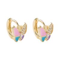Brass Huggie Hoop Earring, Butterfly, gold color plated & micro pave cubic zirconia & for woman & enamel 