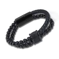 304 Stainless Steel Bracelet, with PU Leather, Vacuum Ion Plating, Double Layer & for man, black Approx 8.07 Inch 