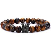 Tiger Eye Stone Bracelets, with Brass, Crown, fashion jewelry & Unisex & micro pave cubic zirconia 8mm Approx 7.48 Inch 