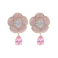 Cubic Zircon (CZ) Drop Earring, Brass, Flower, gold color plated, fashion jewelry & micro pave cubic zirconia & for woman, pink 