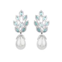Cubic Zircon (CZ) Drop Earring, Brass, with Plastic Pearl, Leaf, platinum color plated, fashion jewelry & micro pave cubic zirconia & for woman 