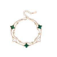 Sterling Silver Bracelets, 925 Sterling Silver, with Malachite & White Shell, Four Leaf Clover, rose gold color plated, fashion jewelry & for woman, rose gold color, 180mm 