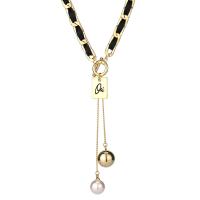 Titanium Steel Jewelry Necklace, with PU Leather & Plastic Pearl, with 2.75inch extender chain, Geometrical Pattern, real gold plated, Korean style & with letter pattern & for woman & enamel Approx 12.6 Inch 