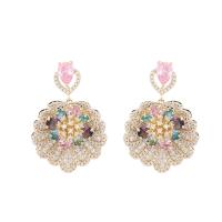 Cubic Zircon (CZ) Drop Earring, Brass, Flower, gold color plated, fashion jewelry & micro pave cubic zirconia & for woman, multi-colored 