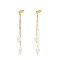 Freshwater Pearl Drop Earring, 304 Stainless Steel, with Freshwater Pearl, Vacuum Ion Plating, fashion jewelry & for woman, golden, 62mm 