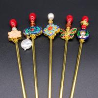 Hair Stick, Brass, with Plastic Pearl & Cloisonne, gold color plated, random style & for woman & enamel, mixed colors, 170mm 