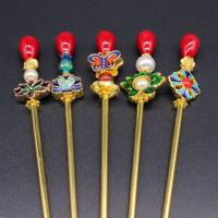 Hair Stick, Brass, with Plastic Pearl & Cloisonne, gold color plated, random style & for woman & enamel, mixed colors, 170mm 