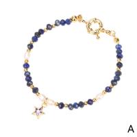 Gemstone Bracelets, Brass, with Cubic Zirconia & Gemstone & Freshwater Pearl, Star, gold color plated & for woman Approx 16 cm 