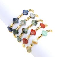 Gemstone Bracelets, Brass, with Gemstone, Four Leaf Clover, gold color plated, elastic & for woman & faceted Approx 16-17 cm 