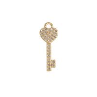 Cubic Zirconia Micro Pave Brass Pendant, with Cubic Zirconia, Key, 14K gold plated, Unisex 