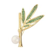 Cubic Zirconia Brooch, Brass, with Freshwater Pearl, Bamboo, gold color plated, micro pave cubic zirconia & for woman, green 