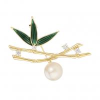 Cubic Zirconia Brooch, Brass, with Shell Pearl, Bamboo, gold color plated, Unisex & micro pave cubic zirconia & enamel, green 