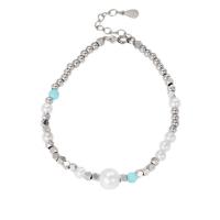 Pearl Sterling Silver Bracelets, 925 Sterling Silver, with Shell Pearl & Crystal, silver color plated, fashion jewelry & for woman, silver color, 190mm 