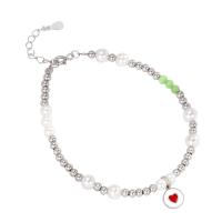 Pearl Sterling Silver Bracelets, 925 Sterling Silver, with Shell Pearl, silver color plated, for woman & enamel, silver color, 190mm 