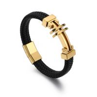 Titanium Steel Bracelet, with Cowhide, Vacuum Ion Plating, for man 11mm Approx 8.26 Inch 